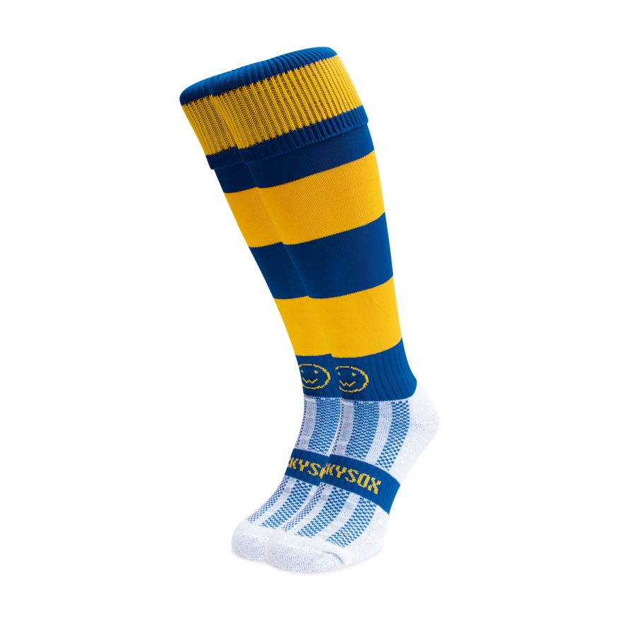 WackySox Navy Blue and Sky Blue Hoops High-Performance Breathable Knee-High Rugby and Hockey Socks 1 Pair 