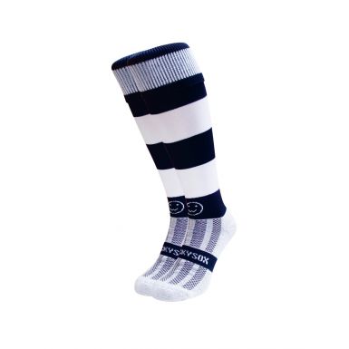 Navy Blue and White Hoop Knee Length Sport Socks